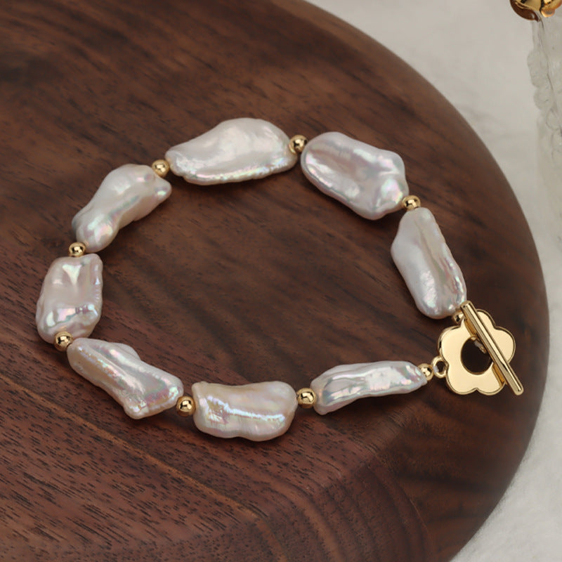 Koyace Baroque Lustrous Pearl Flower Buckle Bracelet
