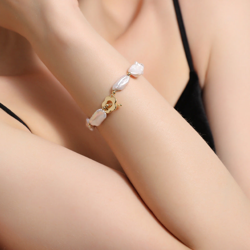 Koyace Baroque Lustrous Pearl Flower Buckle Bracelet
