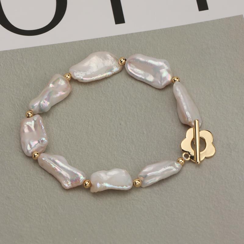 Koyace Baroque Lustrous Pearl Flower Buckle Bracelet