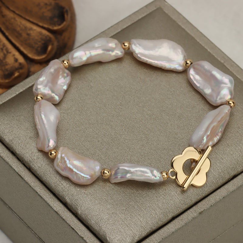 Koyace Baroque Lustrous Pearl Flower Buckle Bracelet