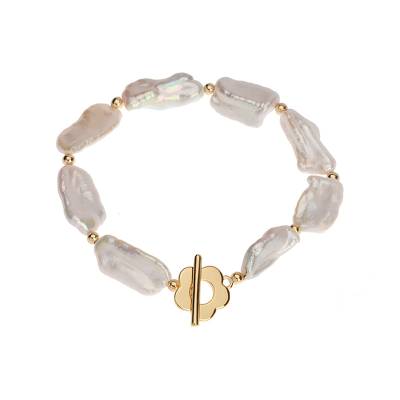 Koyace Baroque Lustrous Pearl Flower Buckle Bracelet