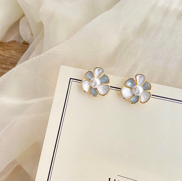 Koyace Blue Bellflower Pearl Stud Earrings