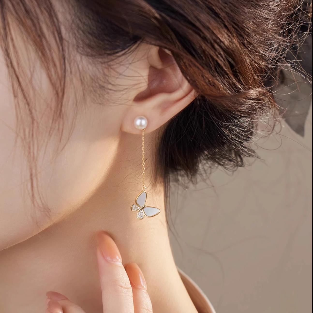 Koyace Butterfly 6A Freshwater Pearl S925 Long Earrings