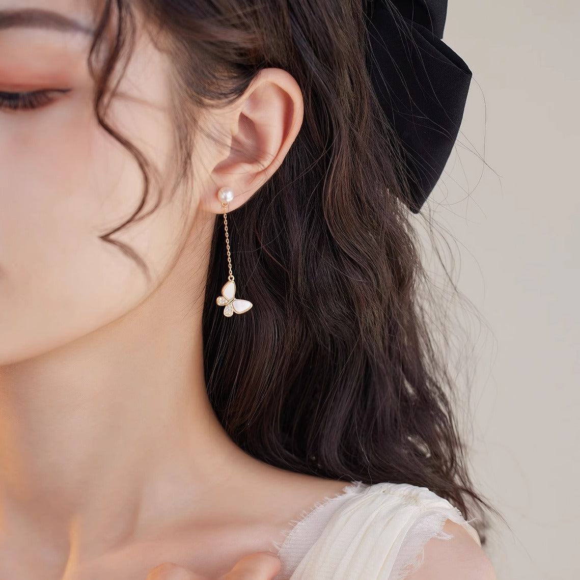 Koyace Butterfly 6A Freshwater Pearl S925 Long Earrings