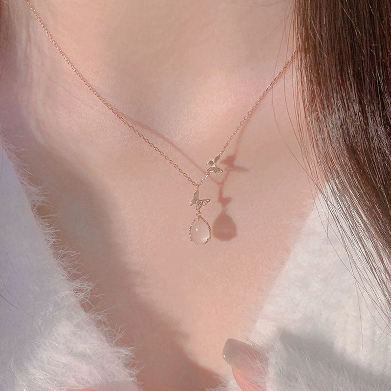 Koyace Butterfly Droplet Pink Chalcedony Necklace