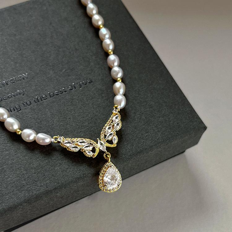 Koyace Butterfly Zircon Pendant Pearl Beaded Necklace