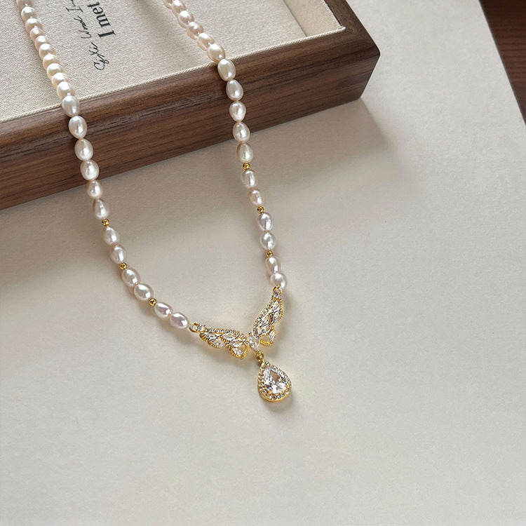 Koyace Butterfly Zircon Pendant Pearl Beaded Necklace