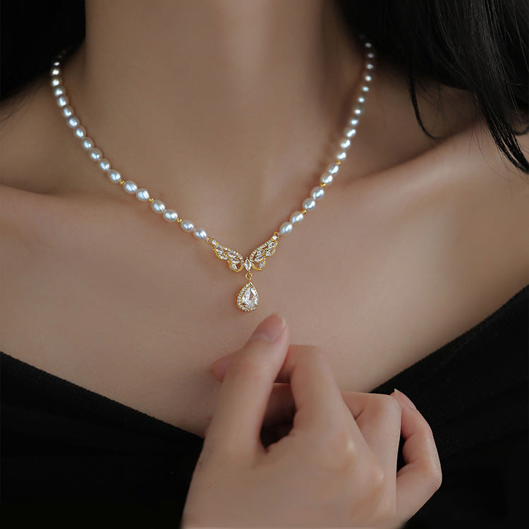 Koyace Butterfly Zircon Pendant Pearl Beaded Necklace