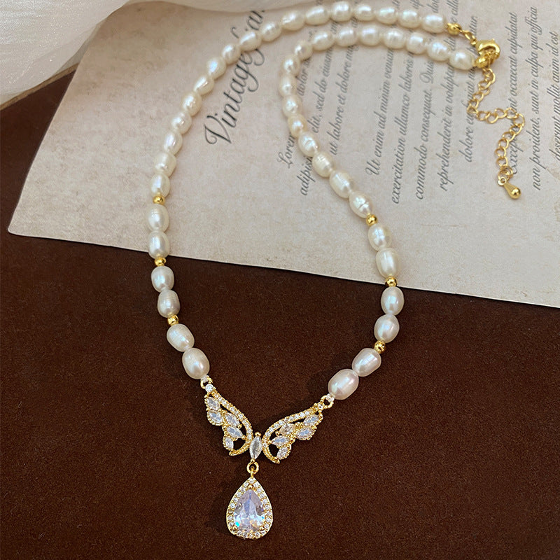 Koyace Butterfly Zircon Pendant Pearl Beaded Necklace