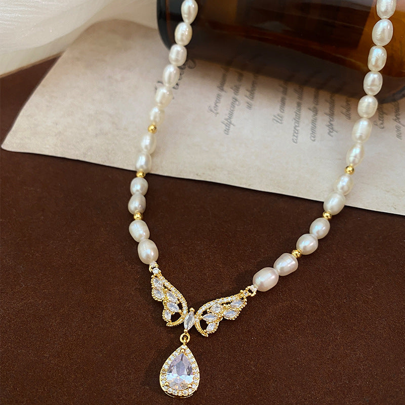 Koyace Butterfly Zircon Pendant Pearl Beaded Necklace