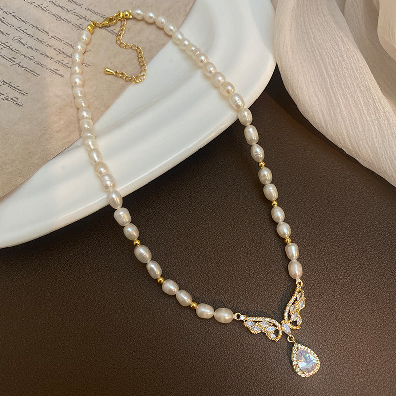 Koyace Butterfly Zircon Pendant Pearl Beaded Necklace