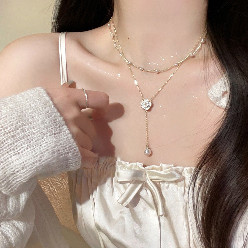 Koyace Camellia Layered Pearl Tassel Necklace