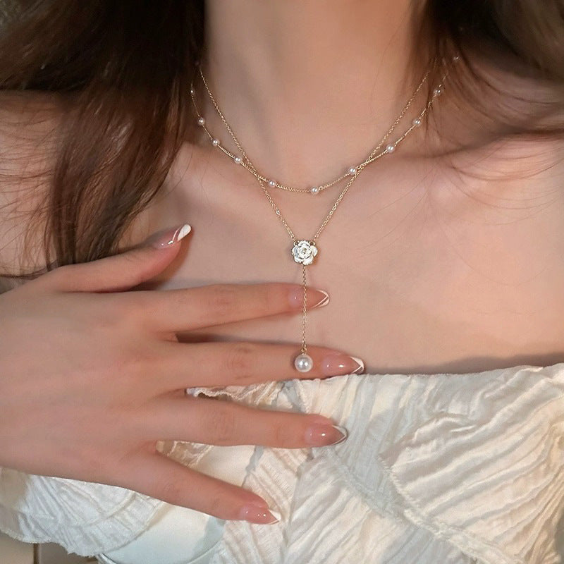 Koyace Camellia Layered Pearl Tassel Necklace