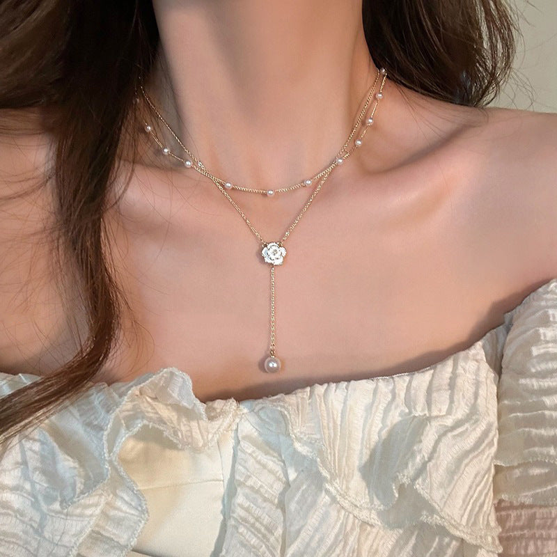 Koyace Camellia Layered Pearl Tassel Necklace