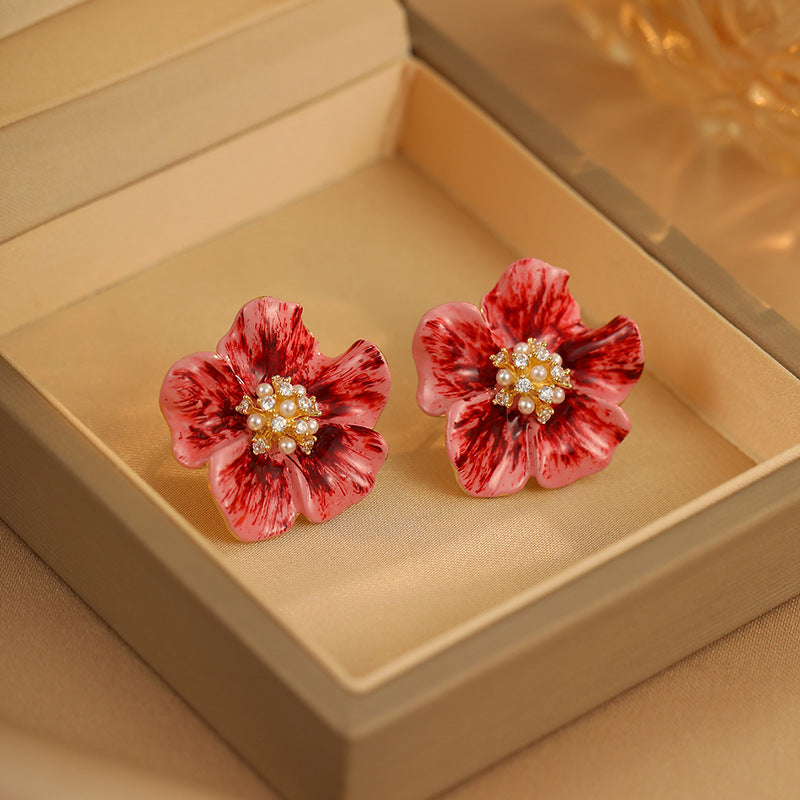 Koyace Diamond Ankela Red Flower Stud Earrings