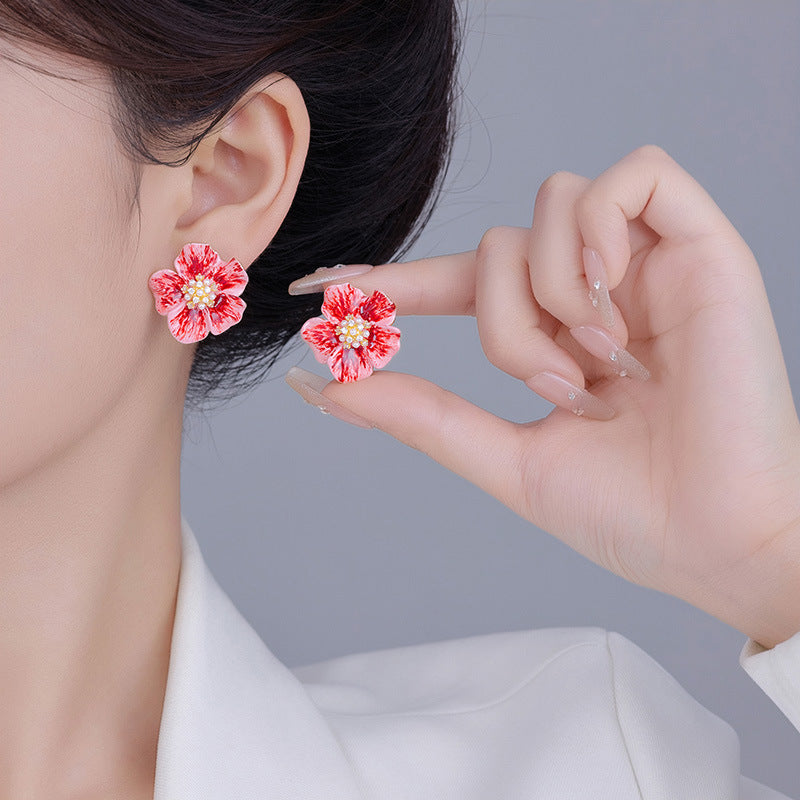 Koyace Diamond Ankela Red Flower Stud Earrings