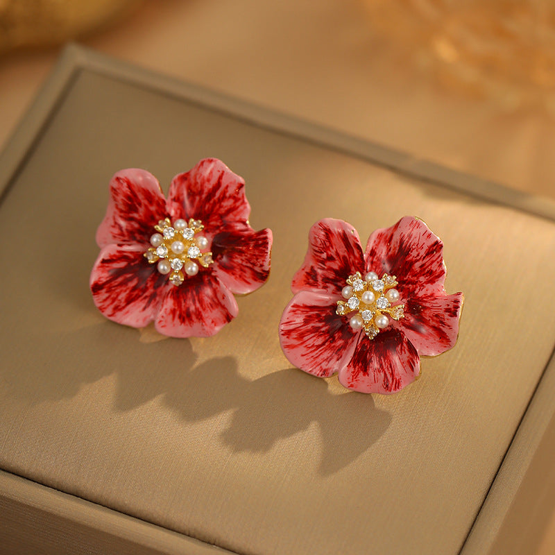 Koyace Diamond Ankela Red Flower Stud Earrings