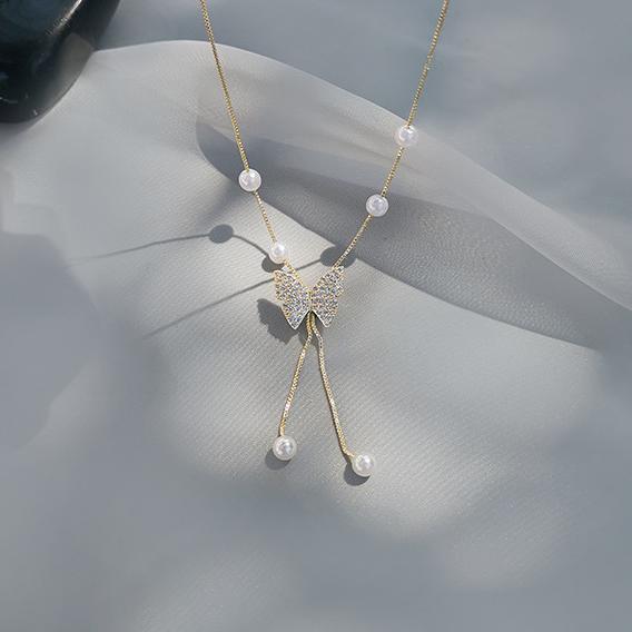 Koyace Diamond Butterfly Tassel Pearl Necklace