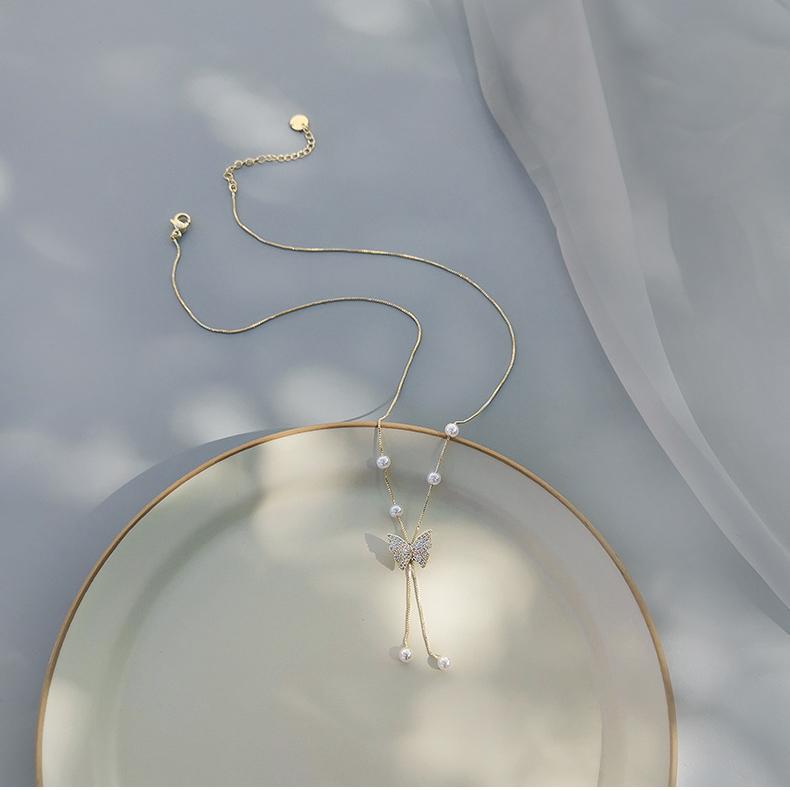 Koyace Diamond Butterfly Tassel Pearl Necklace