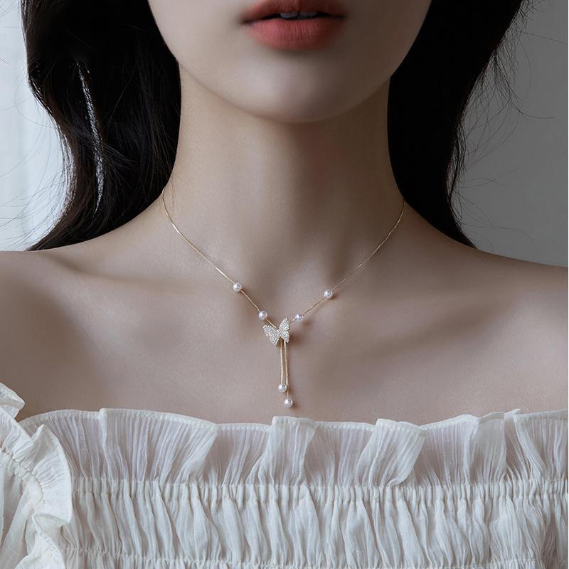 Koyace Diamond Butterfly Tassel Pearl Necklace