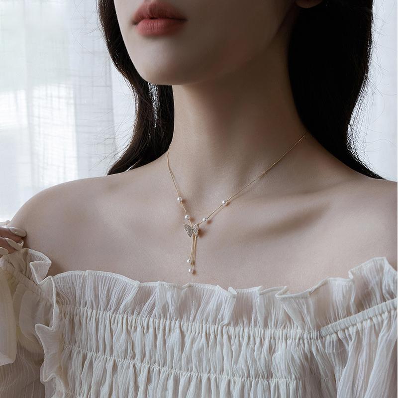 Koyace Diamond Butterfly Tassel Pearl Necklace