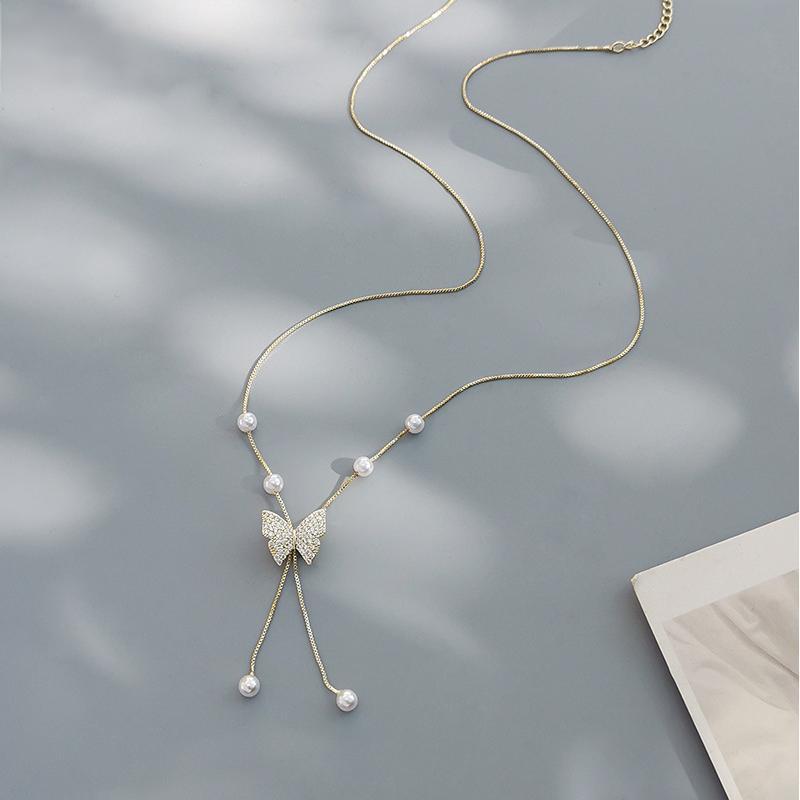 Koyace Diamond Butterfly Tassel Pearl Necklace