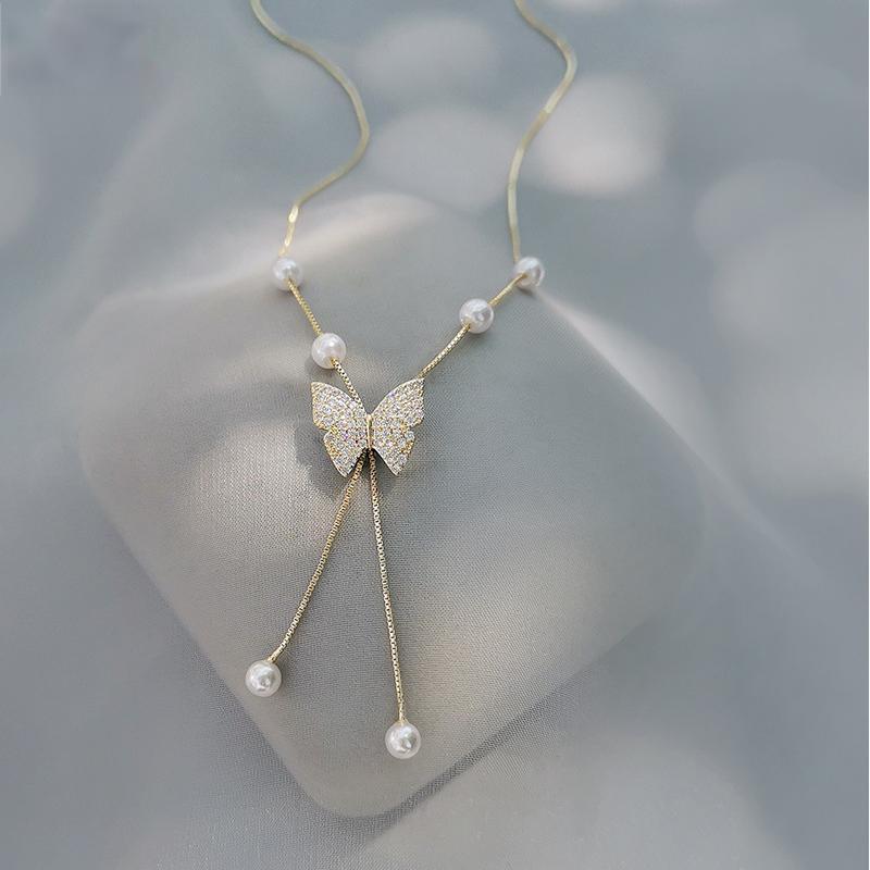 Koyace Diamond Butterfly Tassel Pearl Necklace