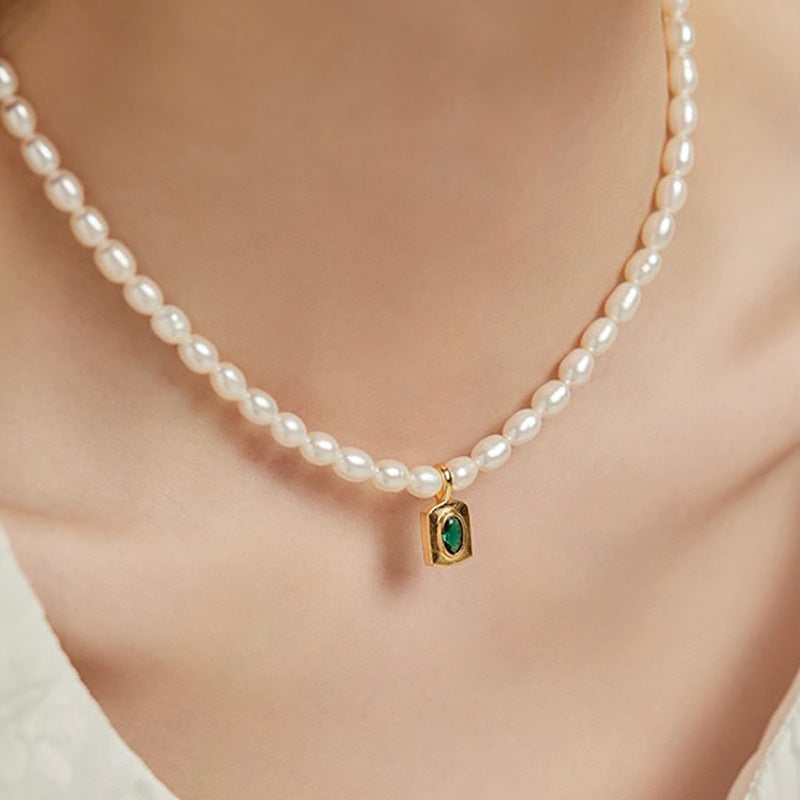 Koyace Emerald Zircon Pendant Pearl Necklace