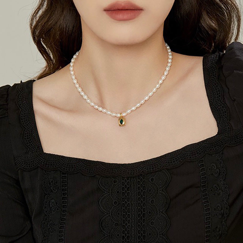 Koyace Emerald Zircon Pendant Pearl Necklace