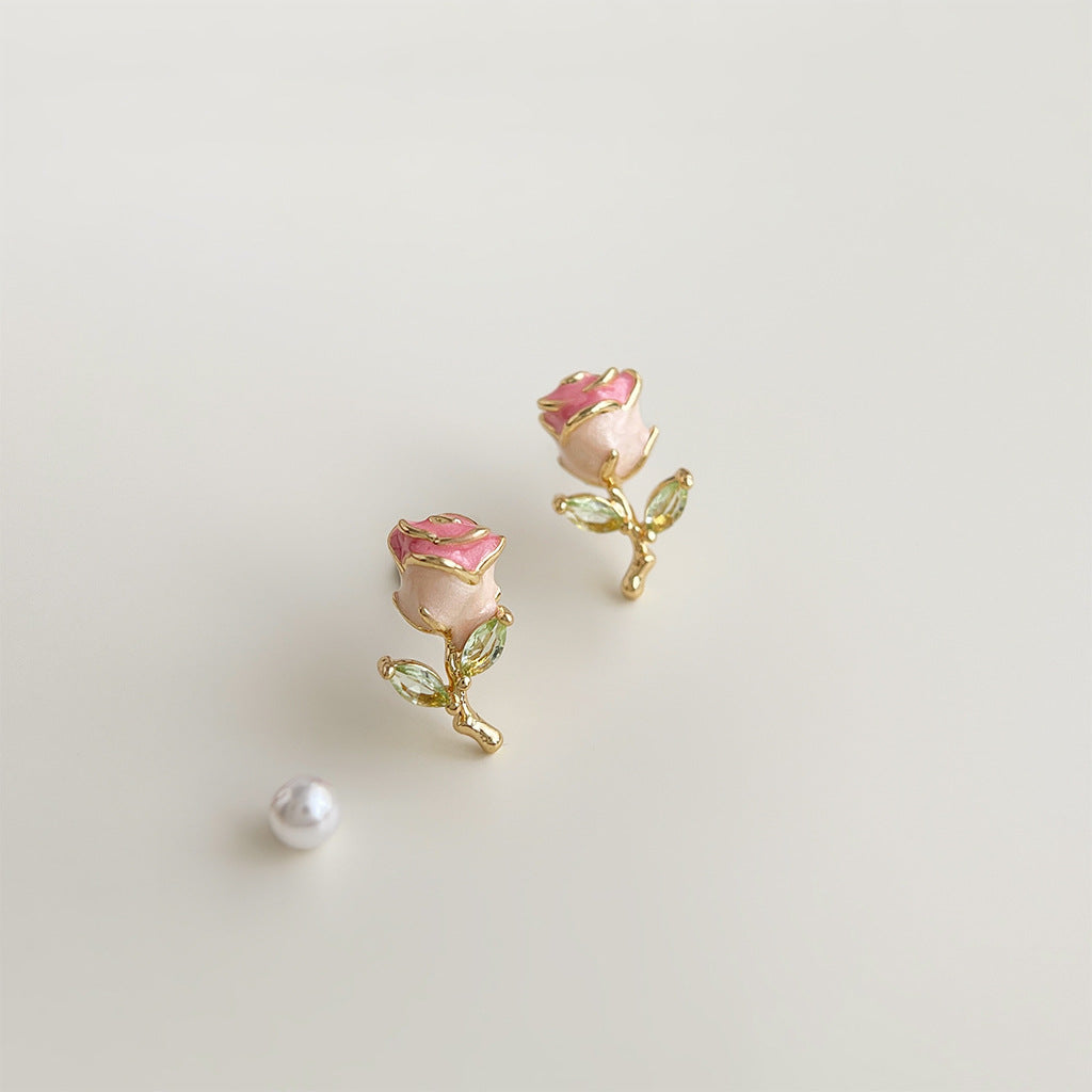 Koyace Enamel Drop Glaze Zircon Rose Earrings Stud