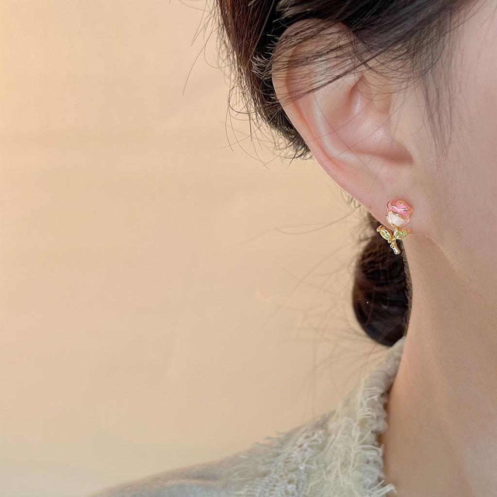 Koyace Enamel Drop Glaze Zircon Rose Earrings Stud