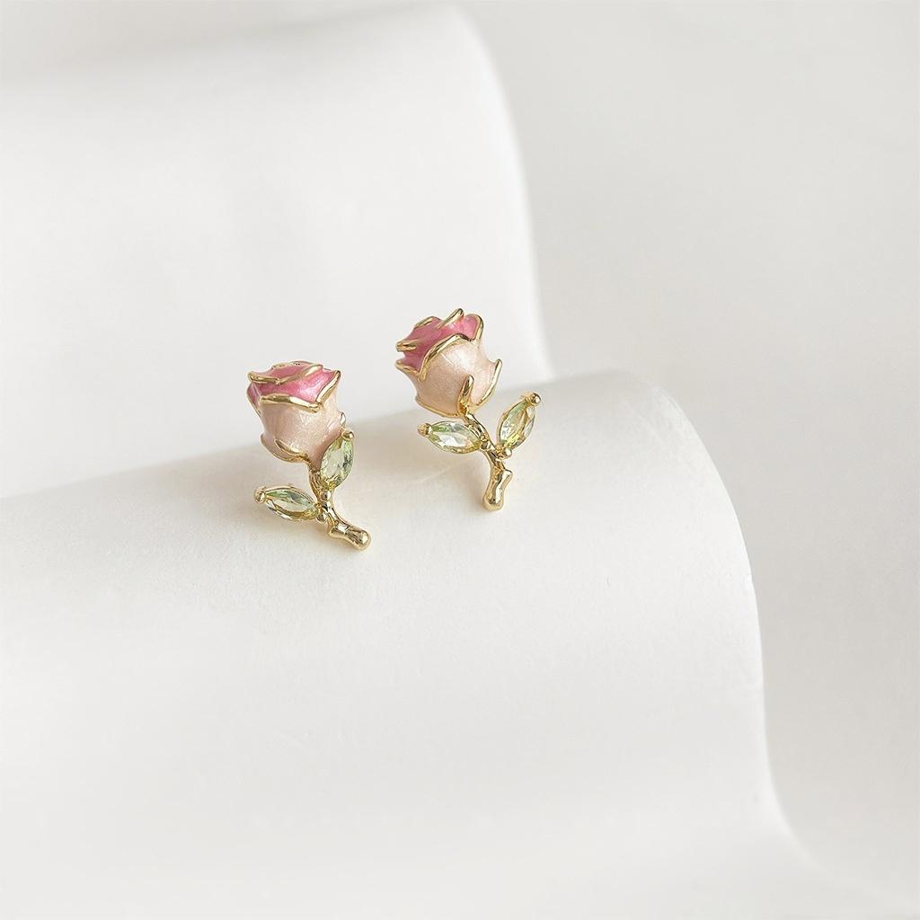 Koyace Enamel Drop Glaze Zircon Rose Earrings Stud