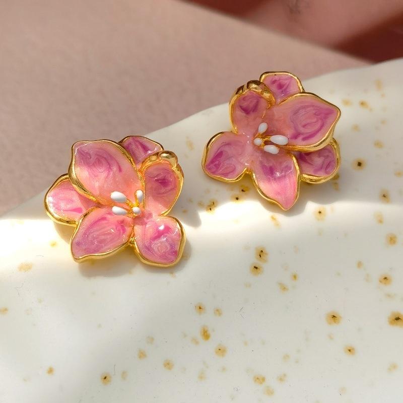 Koyace French Gentle Pink Glazed Flower Stud Earrings
