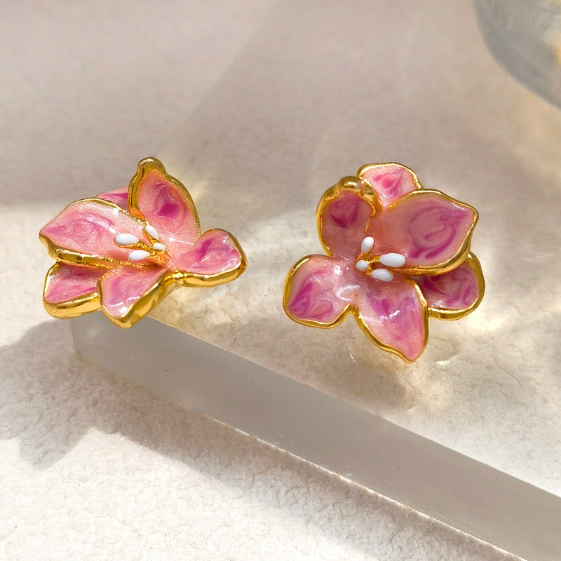Koyace French Gentle Pink Glazed Flower Stud Earrings