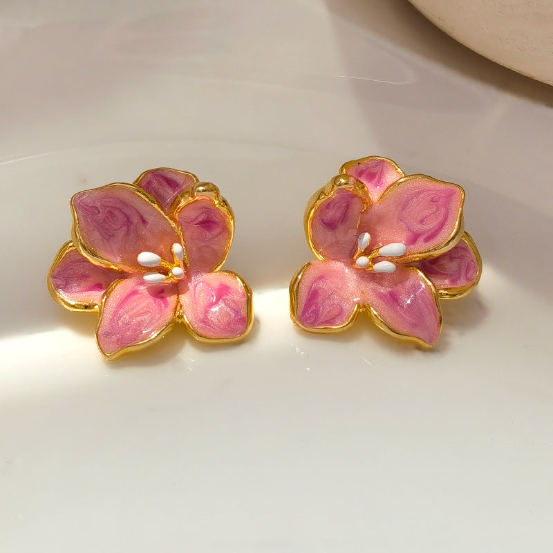 Koyace French Gentle Pink Glazed Flower Stud Earrings