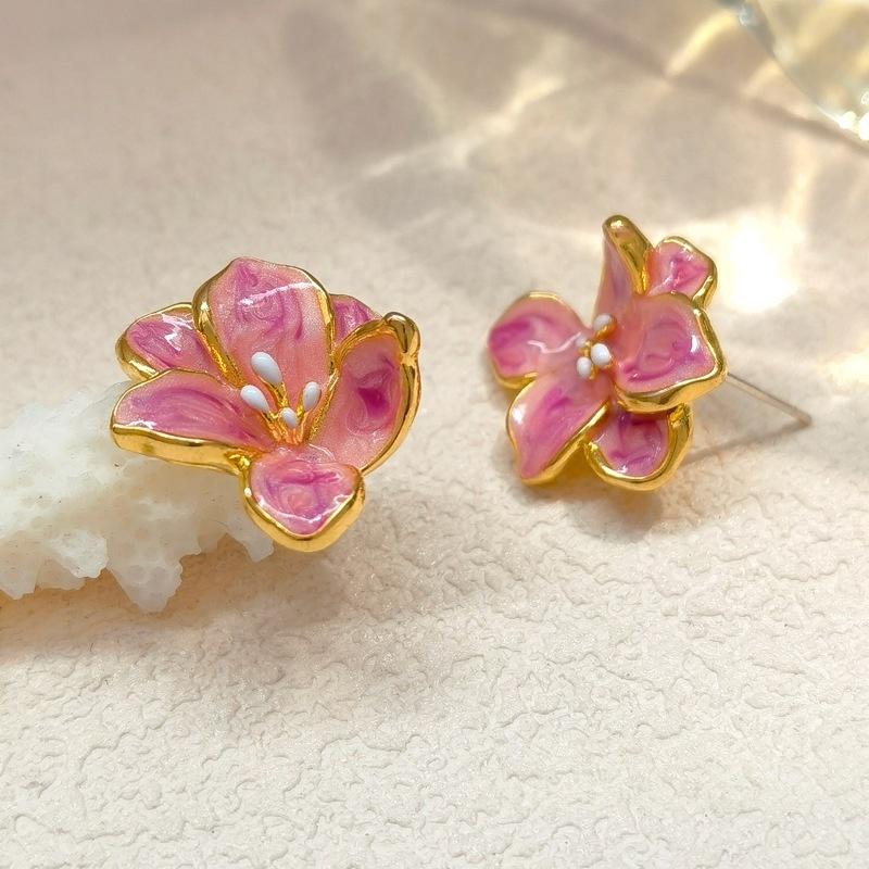 Koyace French Gentle Pink Glazed Flower Stud Earrings
