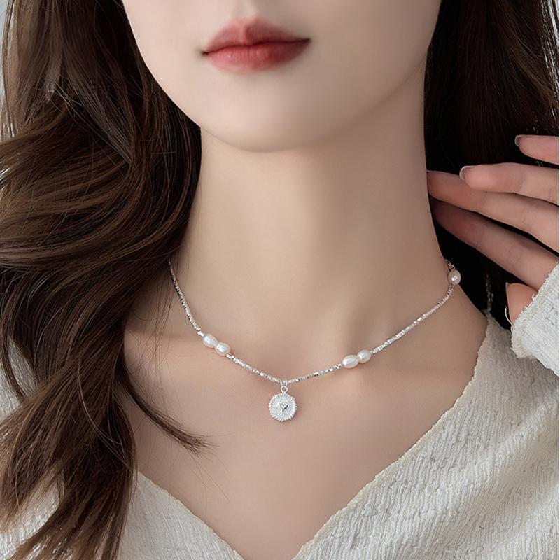 Koyace Heart-shaped Pendant Silver Pearl Necklace