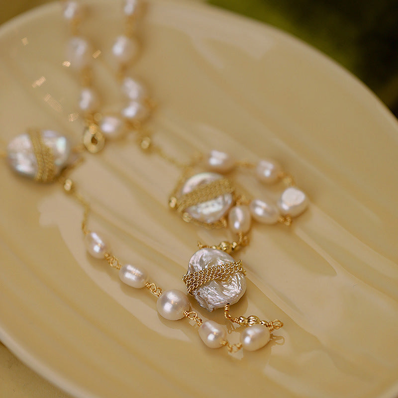 Koyace Irregularly Pleated Round Spherical Imitation Pearl Necklace