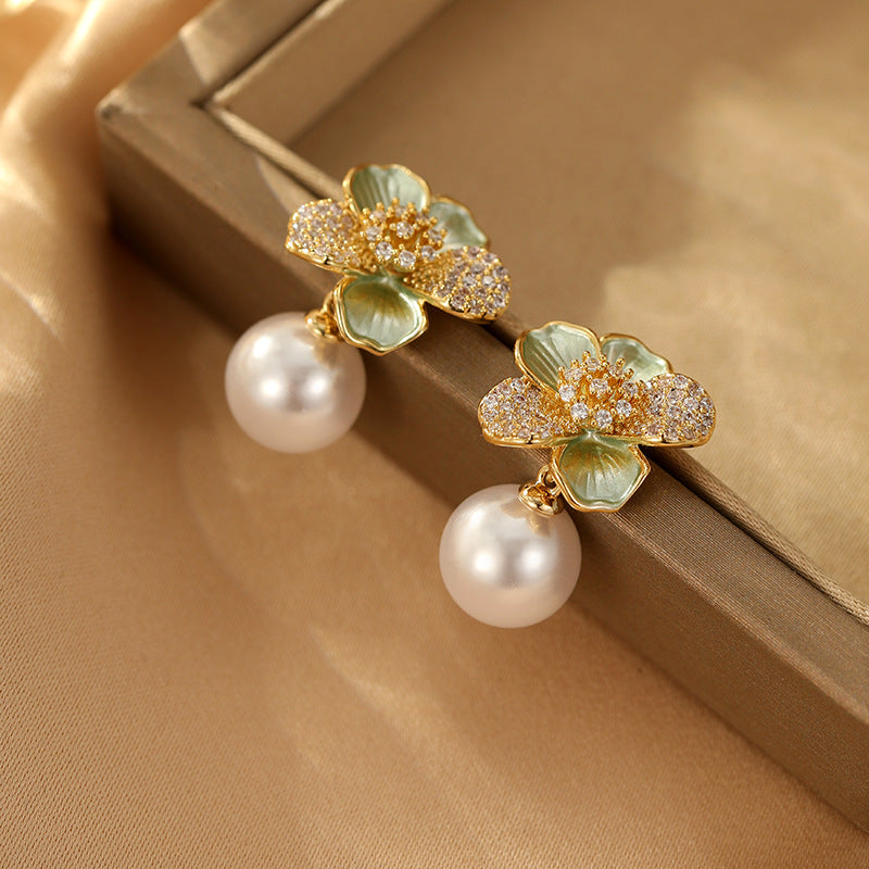 Koyace Multi-colored Diamond Flower Pearl Earrings