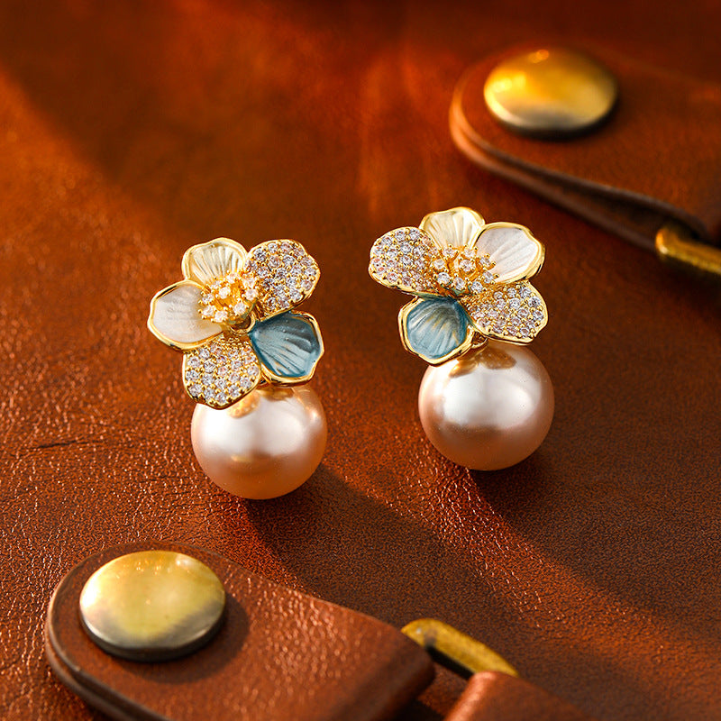 Koyace Multi-colored Diamond Flower Pearl Earrings