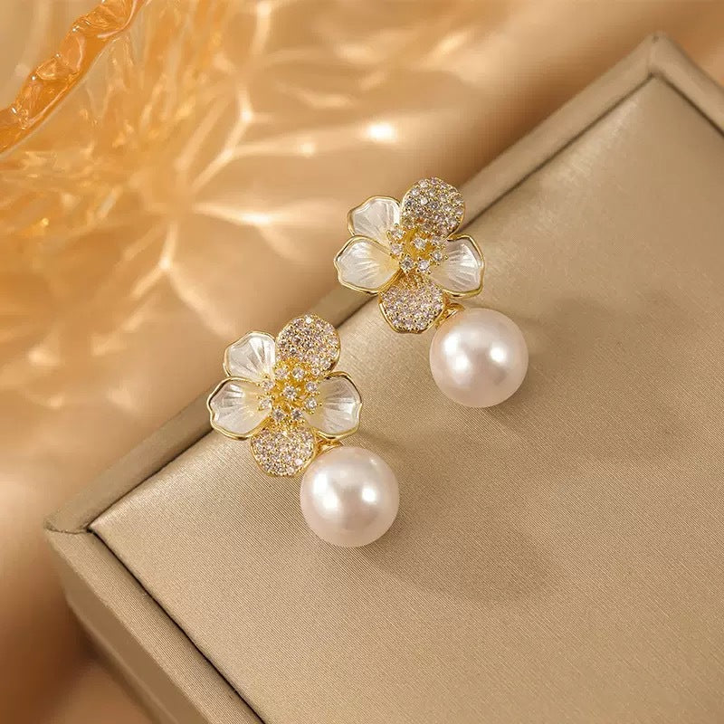 Koyace Multi-colored Diamond Flower Pearl Earrings