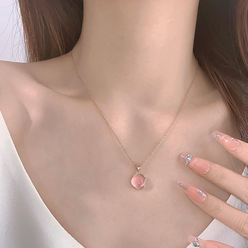 Koyace Pink Crystal Circle Pendant Pure Silver Necklace