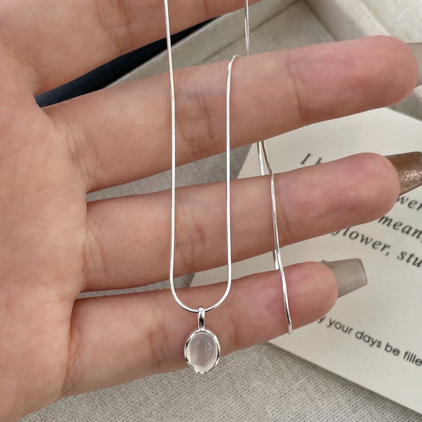 Koyace Pure Silver Oval White Agate Necklace