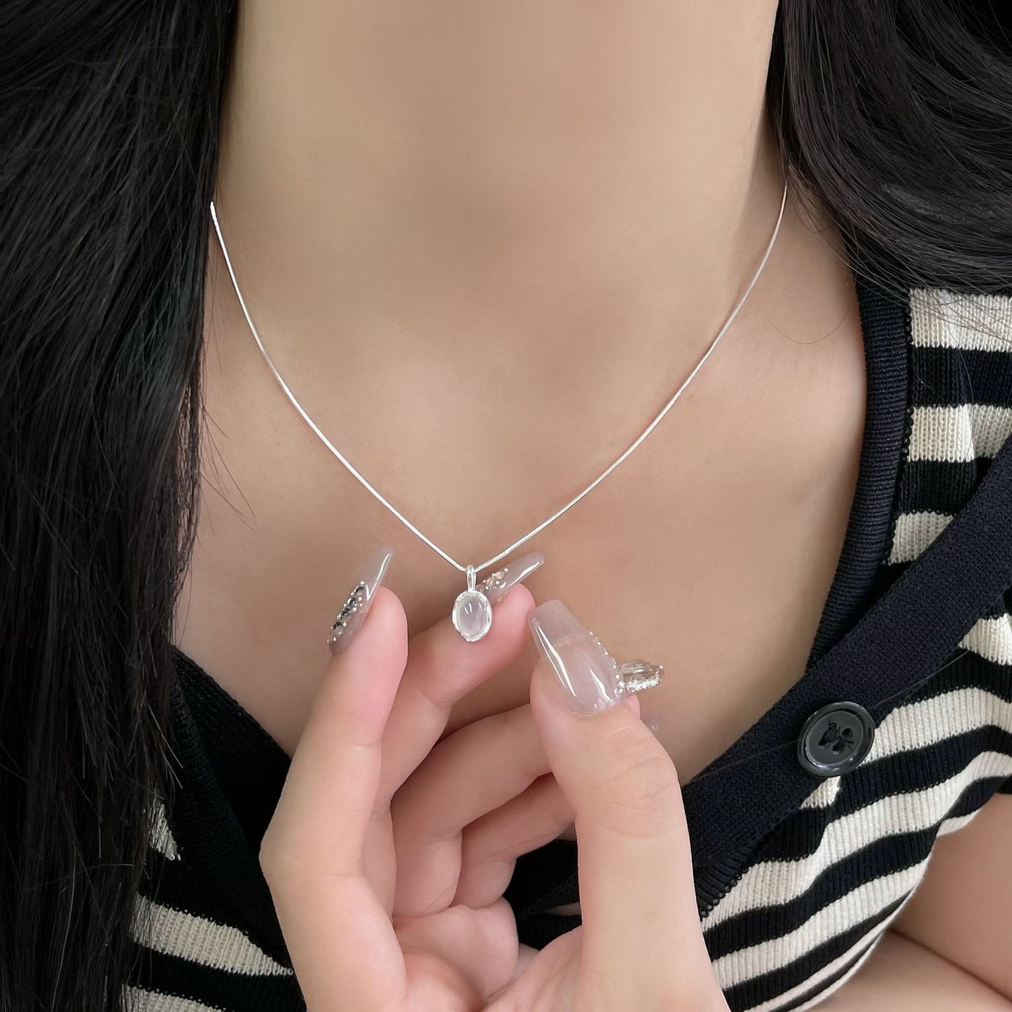 Koyace Pure Silver Oval White Agate Necklace