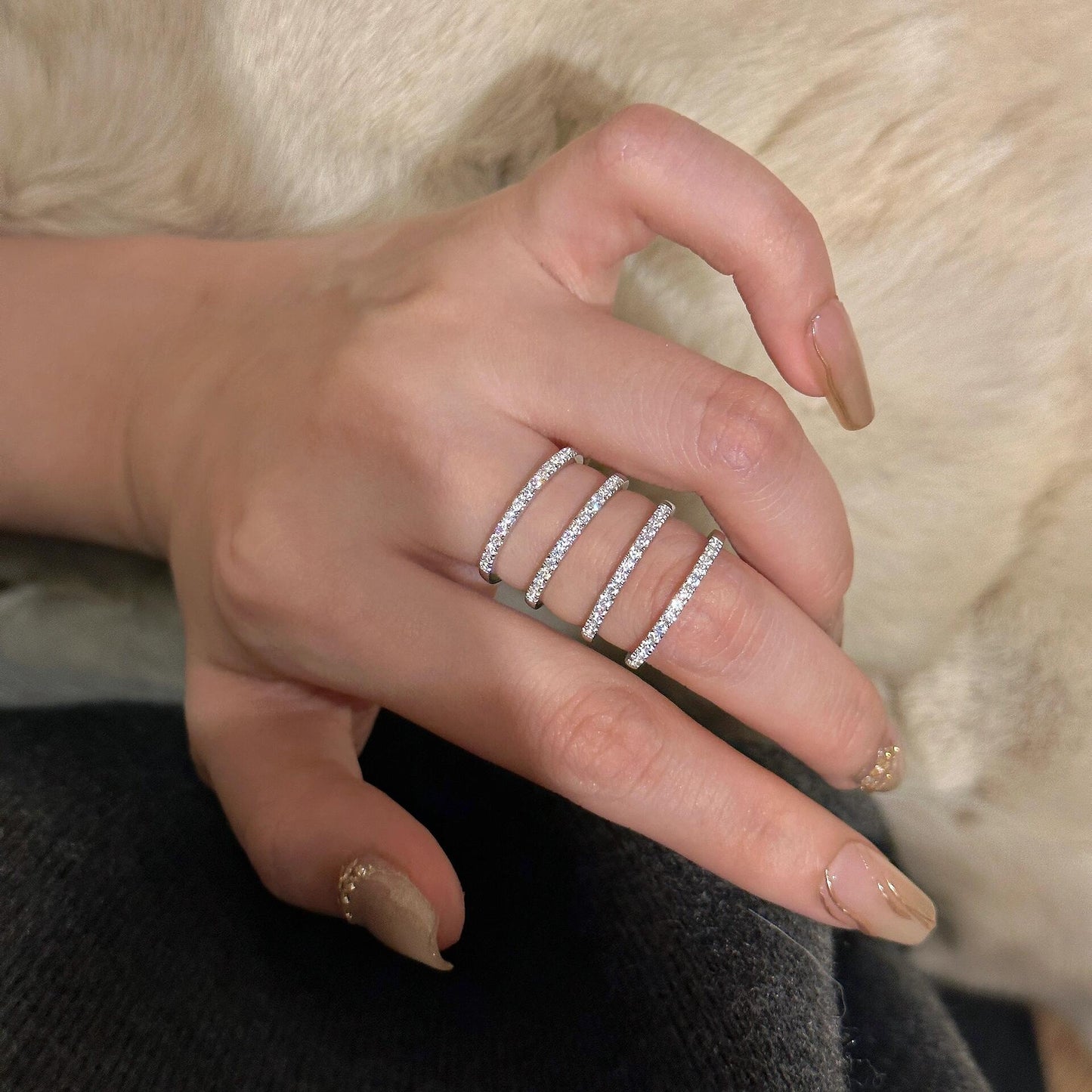 Koyace Small Half-Circle Stacked Row Diamond Ring S925 Pure Silver