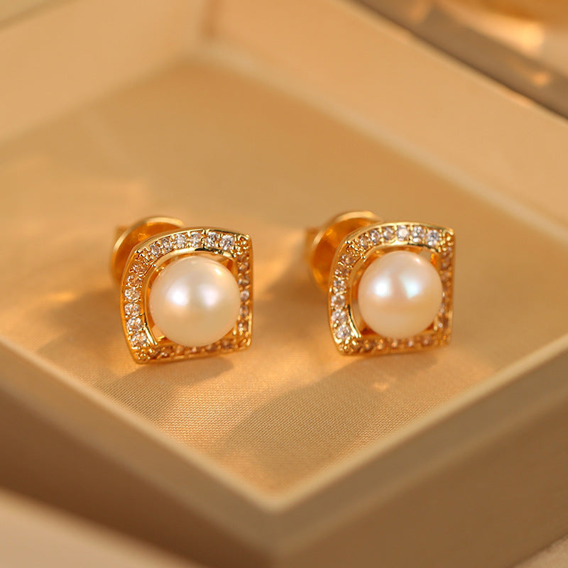 Koyace Square-framed Freshwater Pearl Stud Earrings