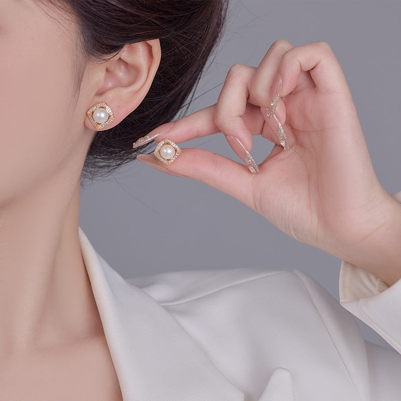 Koyace Square-framed Freshwater Pearl Stud Earrings