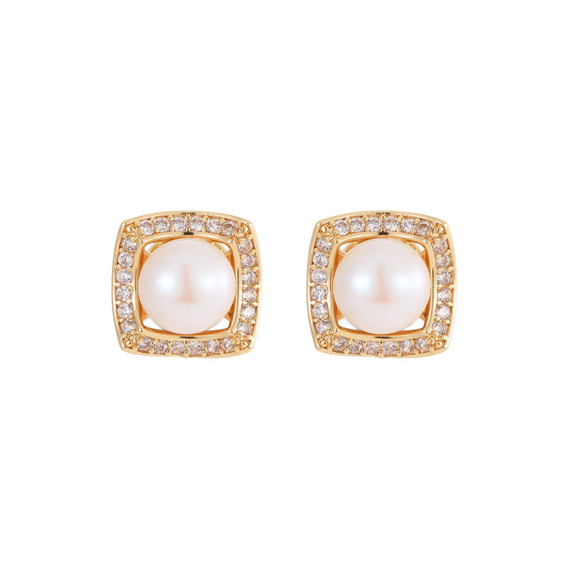 Koyace Square-framed Freshwater Pearl Stud Earrings