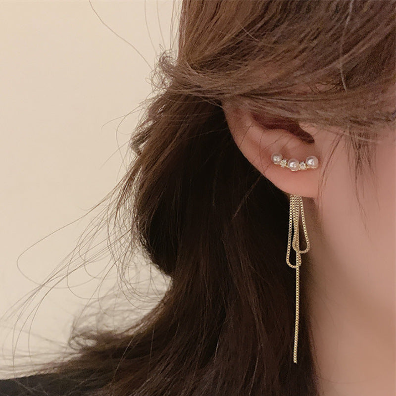 Koyace Two Way Wear Long Tassel Pearl Stud Earrings