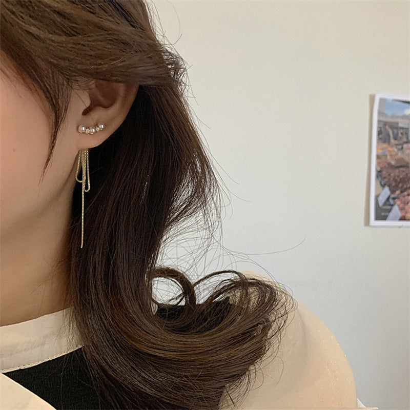 Koyace Two Way Wear Long Tassel Pearl Stud Earrings